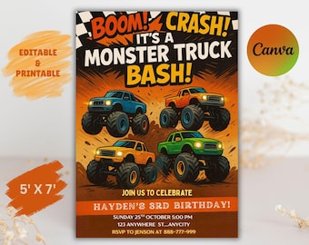 Editable Monster Truck Birthday Invitation Template (5x7 Inches)