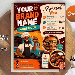 Op de afbeelding: Een menukaart-flyersjabloon voor een foodtruck met een kok die een burger vasthoudt, een illustratie van een foodtruck en tekst waaronder Your Brand Name, Special Menu, Smash Burger, Crispy Chicken Burger, Loaded Fries en Order Now. De flyer is 21,59 bij 27,94 cm.