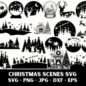 Winter-Weihnachtsszene SVG, Winterszene SVG, Magische Weihnachtsszene, Santa Rentier SVG, Weihnachts-Svg-Bundle, Hirsch SVG, Kiefer Baum SVG