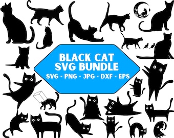 Può includere: Un pacchetto di download digitale di 18 file di taglio SVG di gatti neri. Il pacchetto include una varietà di silhouette di gatti neri in diverse pose, tra cui seduti, in piedi e sdraiati. Il testo "BLACK CAT SVG BUNDLE" è visualizzato in una forma di freccia blu. Il testo "SVG - PNG - JPG - DXF - EPS" è visualizzato sotto la freccia.