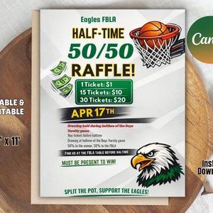 50/50 Raffle Ticket Fundraiser Flyer, split the pot Raffle fundraiser, cash raffle flyer, Sports Fundraiser, pto pta Church School Charity