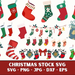 May include: A set of 25 colorful Christmas stocking illustrations in various styles, including traditional red and green, striped, and patterned stockings. The stockings are decorated with snowflakes, candy canes, and other festive elements. The illustrations are perfect for creating holiday crafts, cards, and decorations.