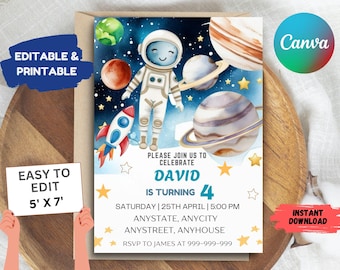 Invitación de cumpleaños espacial: Planetas, cohetes y astronautas (descarga digital)
