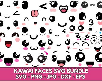 Paquete SVG de caras kawaii, imágenes prediseñadas de emojis de anime (descarga digital)