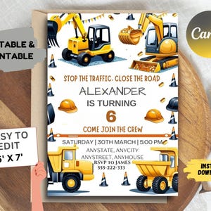 Editable construction birthday invitation, editable dump trucks party invite template, boy outdoor birthday, excavator Invite,crane birthday