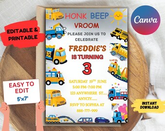 Transportation Birthday Invitation: Truck, Train, and Cars (5x7 Digital Download)