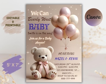 Editable Bear Gender Reveal Invitation: He or She (5x7 Inches, PDF Template)