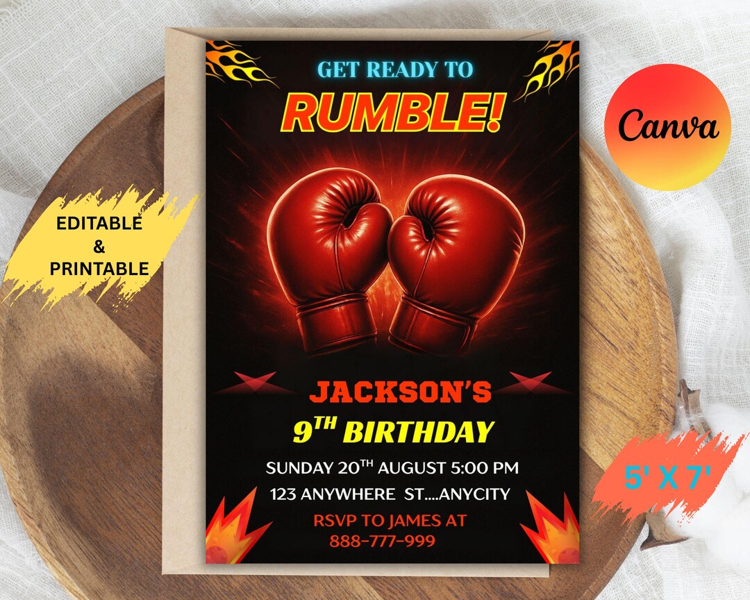 Boxing Training Invitations Boxing Birthday Invitation: Editable Sport Invite, Canva Template (5x7 ...
