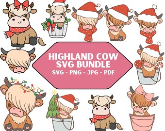 Christmas Highland Cow SVG PNG Bundle (Digital Download)