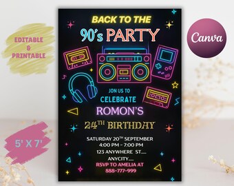 Editable 90s Birthday Party Invitation: Neon Glow Dance Theme (PDF)