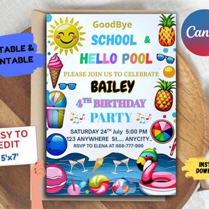 Goodbye School Hello Summer Invitation End of School Party Invite Sun Beach Swim Pool Palm Tree Tropical Schools Out EDITABLE Template