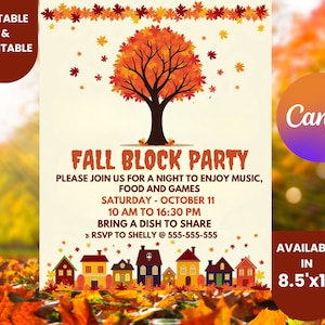 May include: Fall Block Party invitation featuring a colourful autumn tree and houses. The invitation is for an evening of music, food, and games on Saturday, 11th October from 10 am to 4:30 pm. Guests are asked to bring a dish to share. RSVP to Shelly at 555-555-5555. The invitation is available in 8.5 x 11 inches.