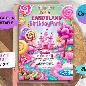 Bearbeitbare Süße Feier Geburtstagseinladung, Süßigkeitsland Einladung, Süßigkeits-Geburtstagsfeier-Einladung, Candyland, druckbare Canva Vorlage