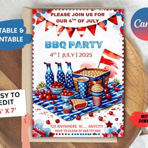 Editable 4th of July BBQ Invitation, Printable Independence Day Party Invite, July 4th Barbecue Template, Patriotic July Fourth BBQ Invite