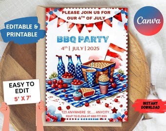 Invitation barbecue modifiable du 4 juillet, fête patriotique (PDF)