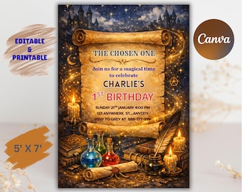 Chosen One Birthday Invitation, Magic School First Birthday Invite, Magical School Theme Invite, Wizard 1st Birthday Invite, Editable Canva