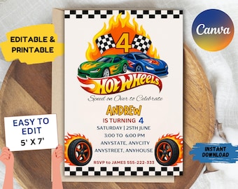 Hot Cars Birthday Invitation, Race Car Party, Canva Editable (5x7 Inches) (Digital Download)