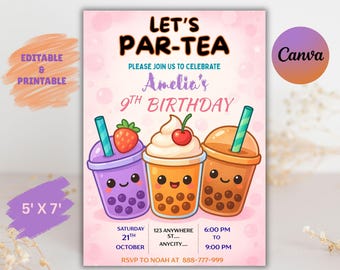 Boba Tea Birthday Invitation Template: Par-Tea Evite (5x7 Inches)(PDF)