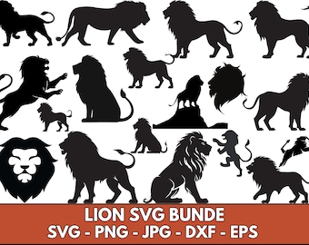 May include: A digital download bundle of 14 black and white lion silhouette SVG files. The lion silhouettes are in various poses, including standing, sitting, and roaring. The bundle includes SVG, PNG, JPG, DXF, and EPS file formats.