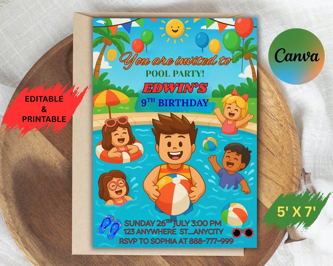 Editable Pool Party Birthday Invitation: Canva Template (5x7 Inches ...