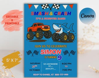 Monster Truck Birthday Invitation: Boom Crash Party (Canva Template)