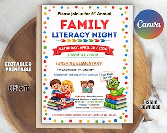 Editable Family Literacy Night Flyer, Printable School Event Template (8.5x11 Inches)