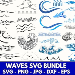 Wave SVG, Wave Svg Bundle, Ocean Svg, Water Svg, Wave Cricut, Sea Waves Svg, Waves Silhouette, Wave Vector, Beach Svg, Png, Dxf, Eps, JPG