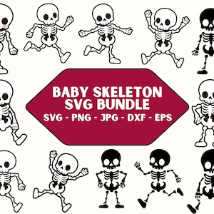 Puede incluir: Un conjunto de diez ilustraciones de esqueletos de bebés de dibujos animados en blanco y negro en varias poses. Los esqueletos son todos sonrientes y tienen ojos grandes y redondos. Las ilustraciones son perfectas para manualidades de Halloween, decoraciones y artículos para fiestas.