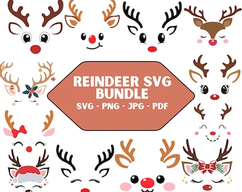 Christmas Reindeer Faces SVG PNG Bundle, Cricut Cut Files