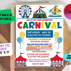 Editable Carnival Flyer Template School Invitation Fundraiser Instant Download Digital 8.5x11 Circus Charity Church
