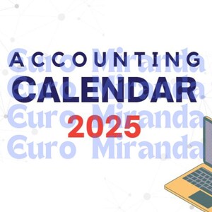 Peut inclure: Une illustration bleue et blanche d'un ordinateur portable avec le texte "ACCOUNTING CALENDAR 2025" sur un fond blanc avec un motif de cercles gris.