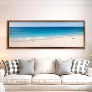 Arte de parede horizontal longa sobre a cama, impressão panorâmica costeira minimalista e calma, tela extra grande Blue Beach pronta para pendurar, fotografia costeira