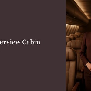 May include: A person in a maroon suit stands in an airplane cabin. The person is wearing a light brown shirt and a maroon suit jacket and skirt. The text "Final Interview Cabin Crew Kit" is on the left side of the image.