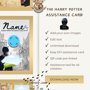 Könnte beinhalten: Eine druckbare Harry-Potter-Karte mit einem anpassbaren Namensfeld, editierbarem Text und einem QR-Code. Die Karte zeigt das Hogwarts-Wappen, eine Silhouette von Harry Potter und ein Zitat aus den Büchern. Die Karte ist dazu gedacht, Kindern bei verschiedenen Aufgaben zu helfen.