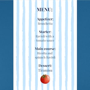 Modèle de menu d'été aux tomates | Toile A5 modifiable | Menu du dîner italien