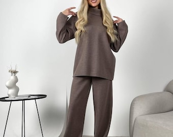 Weiches Angora-Hosen- und Pullover-Set für Damen, gestricktes Loungewear-Set für Damen, zweiteiliges Set, Angora-Pullover, weite Hosen und Pullover