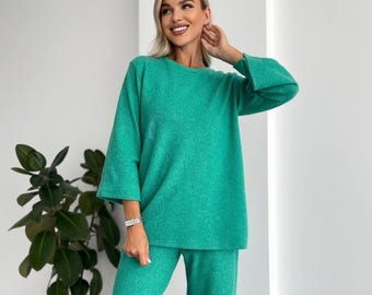 Cozy Women Knit Suit - Oversized Top and High-Waist Flare Pants - Warm Angora Knit Suit for Women - Two Piece Set - Angora Sweater and Pants