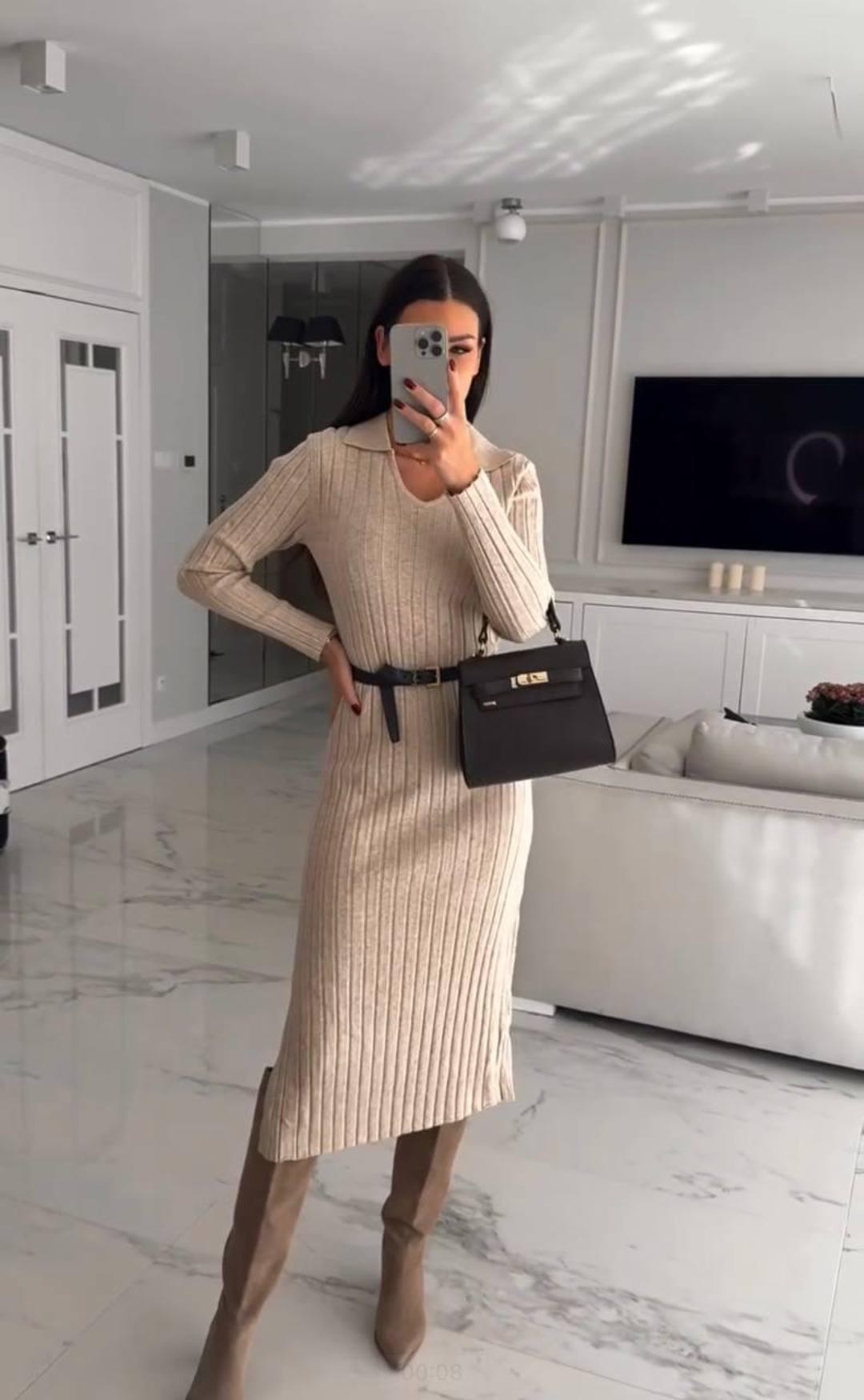 Stylish Beige Ribbed Knit Dress with Black Belt - Long Sleeve Midi Dress for Casual and Elegant Looks.