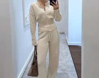 Conjunto de dos piezas de Angora beige a juego, conjunto de ropa de estar por casa de punto, conjunto de punto, traje de estar por casa, traje de punto cálido y acogedor para mujer, traje de Angora