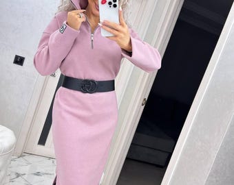 Wool Maxi Sweater Dress, Womens Wool Knit Sweater Dress, Knitted Long Winter Dress, Oversized Turtleneck Dress, Warm Casual Dress
