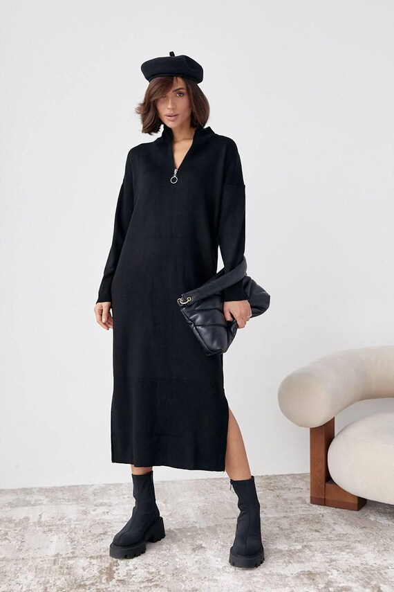 knee length dresses for ladies Women's Ease Into It Beige Knit Half-Zip Funnel Collar Longline Sweater Dress | Color: White | Size: L