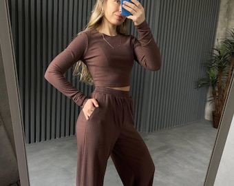 Conjunto de punto acanalado de angora suave: acogedor suéter y pantalones de dos piezas | Conjunto de salón de invierno para mujer, traje informal de otoño, conjunto de salón de angora acanalado