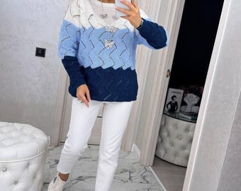 Wool Oversized Loose Knit Sweater Top, Spring, Slouchy Knit Pullover, Open Knit Woman Sweater, Gift for Her, Knitwear
