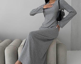Bodycon Knitted Dress for Women Knit Dress Long Sleeve Cotton Knitted Dress Cozy Sweaterdress Party Dress Crew Neck Dress