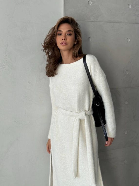 Knitted White Dress. Winter Long Dress. Women Classic Dress. Maxi Sweater Dress. Long Knit Dress. Fall clothing.
