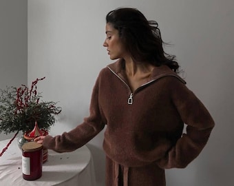 Soft Angora pants and sweater set for women, Women's knitted loungewear set, Two-piece set, Angora sweater, Wide pants and jumper