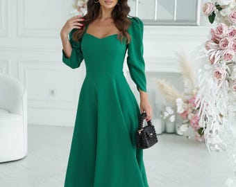 Elegant Green Dress, Midi Dress, Occasion Dress, Minimalist Dress, Green Dress, Wedding Guest Dress, Classic Dress