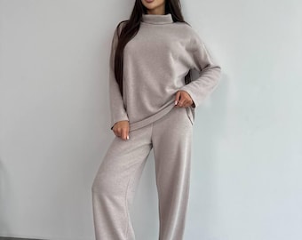 Soft Angora pants and sweater set for women, Women's knitted loungewear set, Two-piece set, Angora sweater, Wide pants and jumper