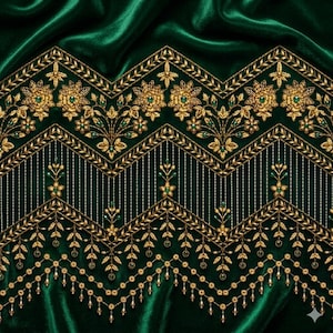 May include: Close-up of emerald green velvet fabric with intricate gold embroidery. The design features floral and geometric patterns with small green accents. The embroidery is detailed and creates a luxurious texture.
