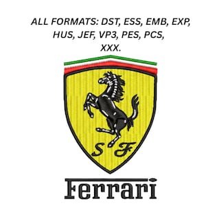 Könnte beinhalten: Gestickter Aufnäher mit dem Ferrari-Logo, einem schwarzen, aufbäumenden Pferd auf einem gelben Schild mit rotem und grünem Rand. Der Text "Ferrari" steht darunter. Erhältlich in verschiedenen Formaten.